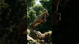 الماعز الجبلي يقفز في أعماق الغابة