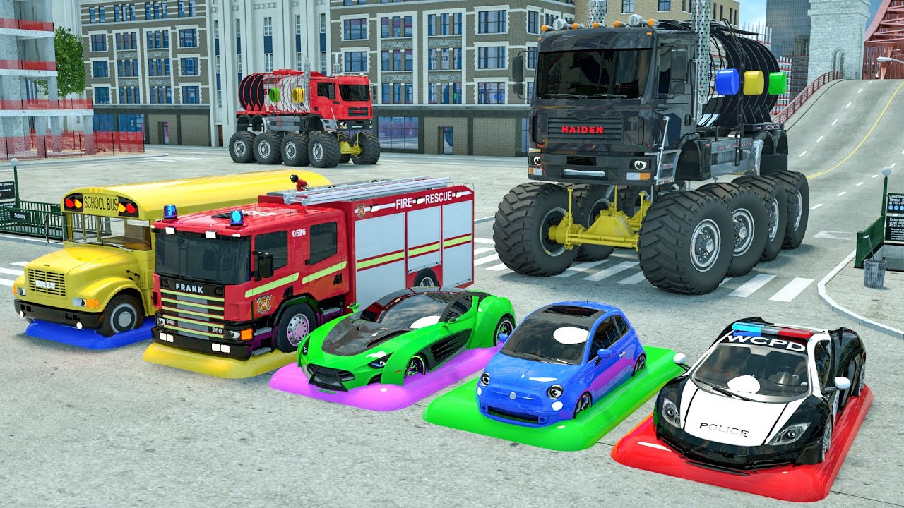 Franks fire truck saves his friends from the villains giant water truck   Talking vehicles