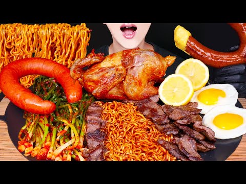 ASMR FRIED CHICKEN BLACK BEAN NOODLES SAUSAGE MUKBANG 치킨 소세지 먹방 辛い ソーセージ 咀嚼音ayam Sosis EATING SOUNDS