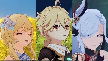 Lumine, Aether and Shenhe, singing Yunjin