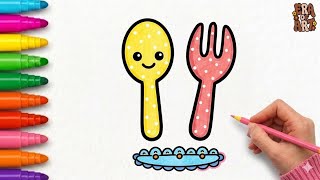 How to Draw Fork- Spoon Cute &amp; Easy Drawing Step-By-Step for Kids