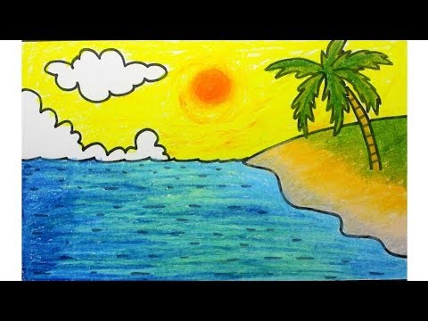 Cara menggambar pemandangan alam pantai sangat mudah - YouTube