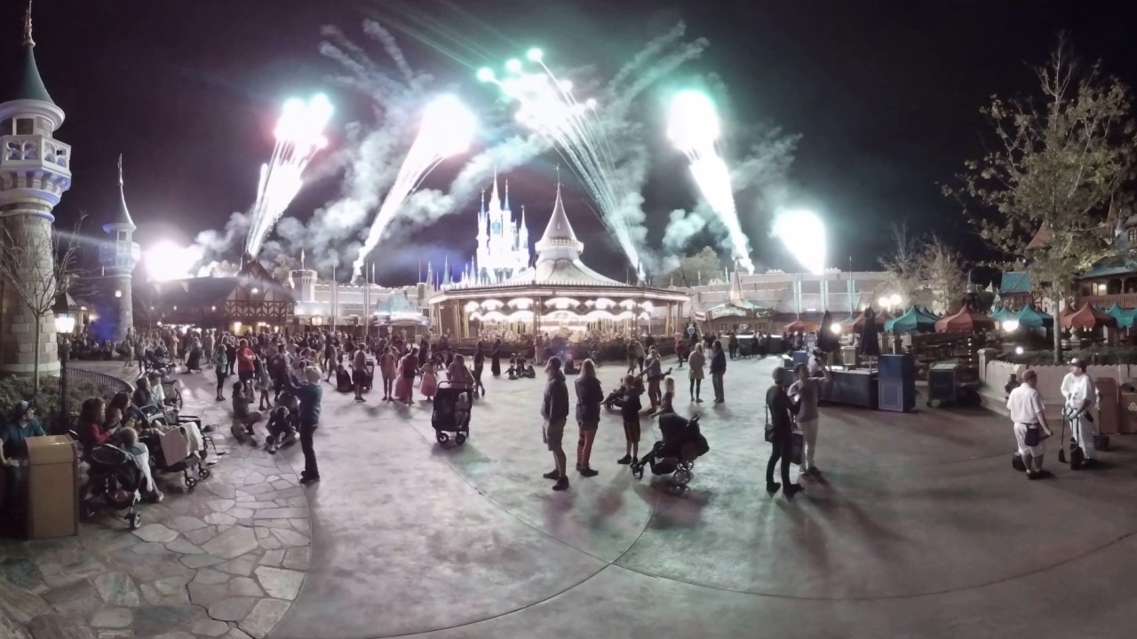 Wishes viewed from behind Cinderella's castle in 4K VR/360 (2/2/2017)