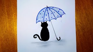 تعلم رسم قطة تجلس تحت مظلة بسهولة للمبتدئين | رسم سهل