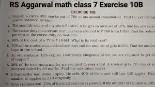 RS Aggarwal math class 7 Exercise 10B ।। Class 7 Exercise 10B RS Aggarwal math solution । Parcentage