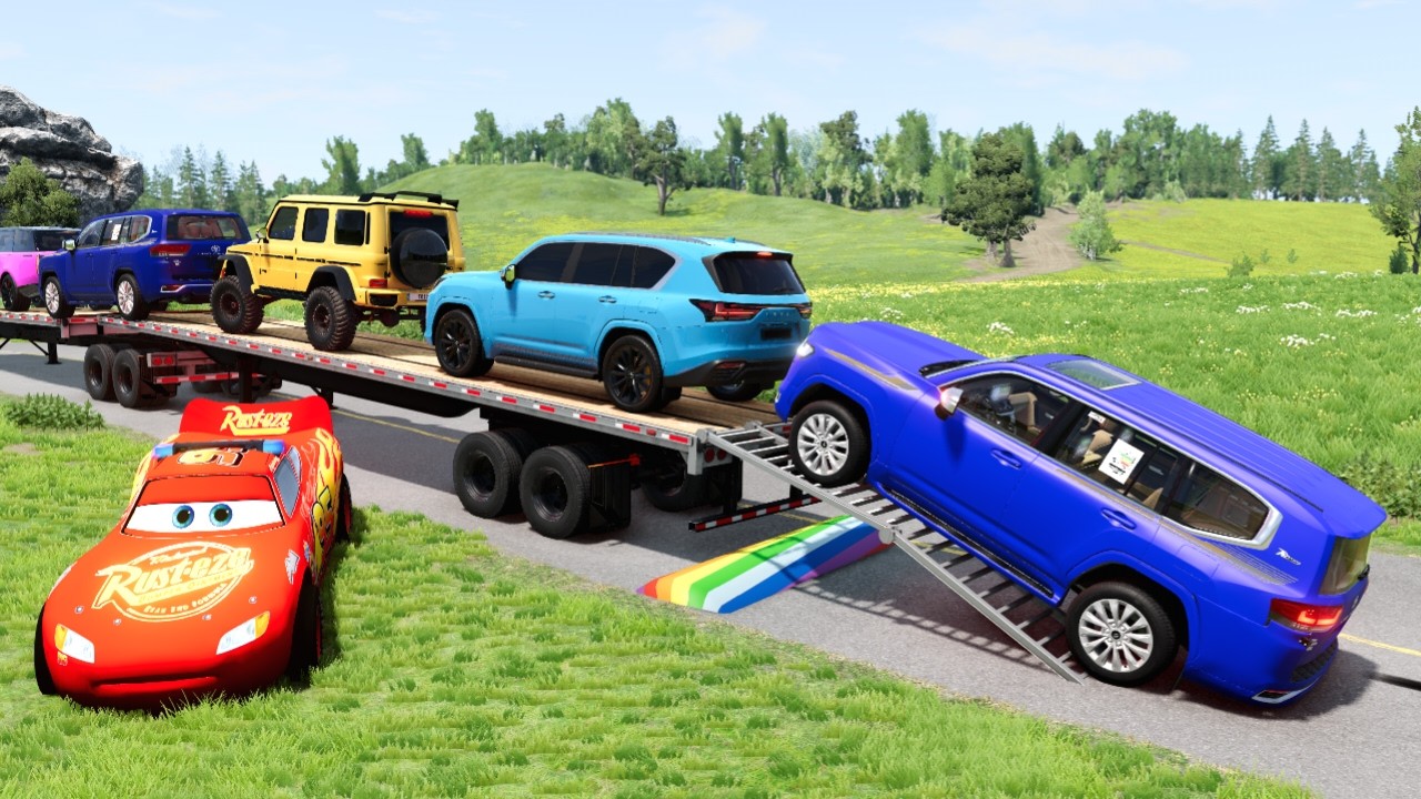 Flatbed Truck McQueen | Transportation with Truck - Pothole vs Car #26 | BeamNG.Drive Gameplay