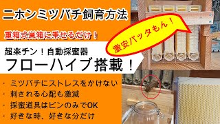 【趣味の養蜂】ニホンミツバチの自動採蜜器フローハイブを搭載！（バッタもん）汗）。これで、ミツバチも自分も安全快適♪