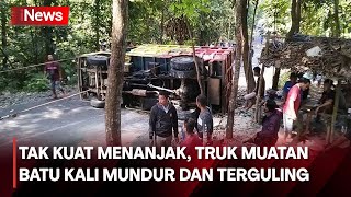 Tak Kuat Menanjak, Truk Muatan Batu Kali Mundur dan Terguling di Kulonprogo