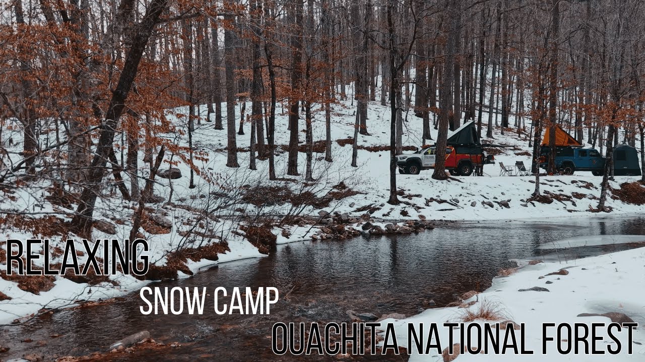 Pure calm ASMR camping in Ouachita Mountains. Snow, ice, crackling campfire, no talking. Relax now!