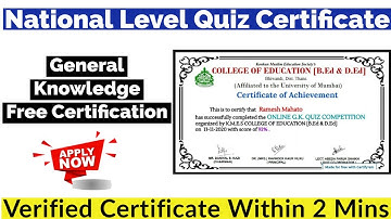 National Level Online Quiz Certificate | General Knowledge Quiz Certificate | Free Certificate