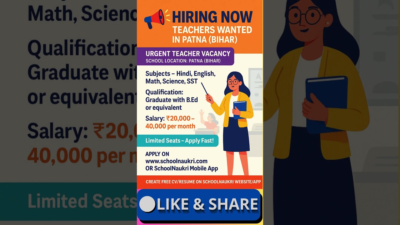 📢 Teaching Vacancy in Patna, Bihar | SchoolNaukri | Hindi, English, Maths, Science, SST, Computer