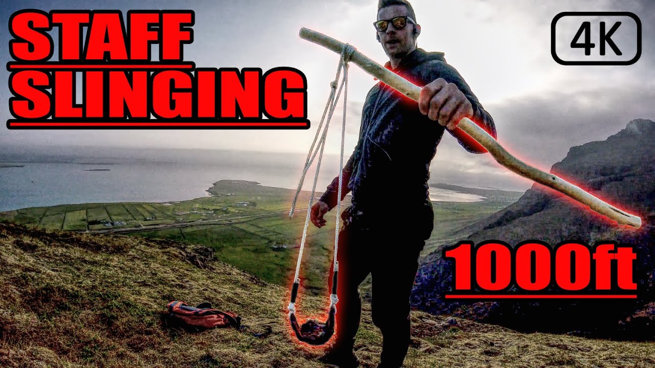 Shooting Rocks Off The Cliffs [4K] Shepherd's Staff Sling, Homemade