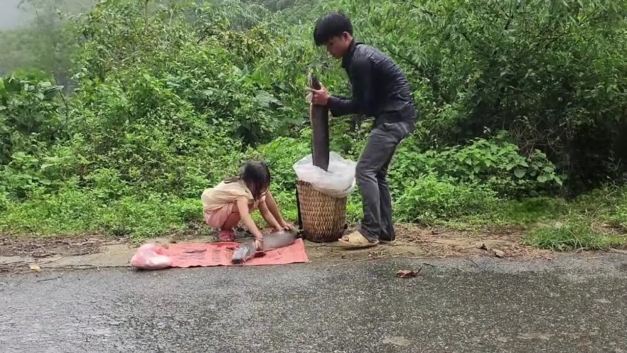Poor boys and girls go to the stream to catch fish and vegetables to sell for money to buy things.