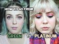 DIY How to go from GREEN Hair to PLATINUM Blonde| Bonus: How to cut bangs!| Ladylincks
