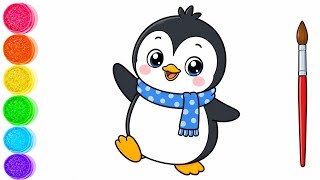 Cute Penguin, Painting, Coloring for Kids & Toddlers | Let's Draw, Glitter Paint