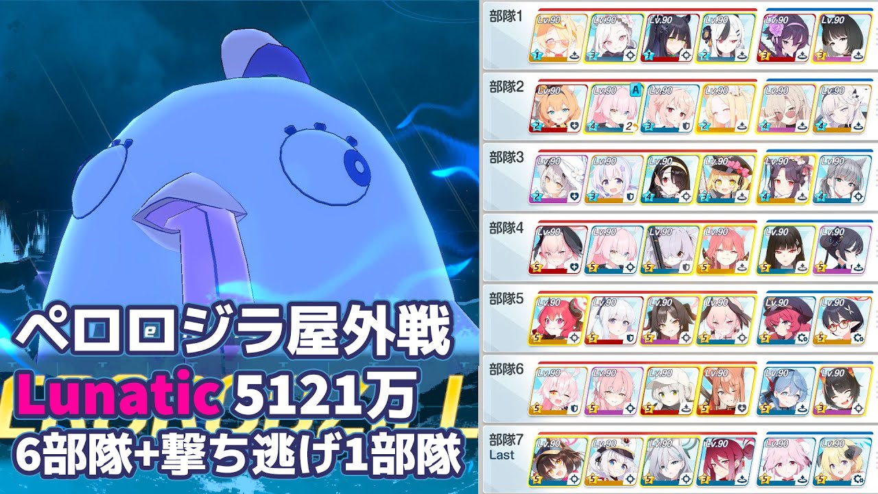 【#ブルアカ】ペロロジラ屋外戦　Lunatic 6部隊+1部隊　51,211,659【総力戦】