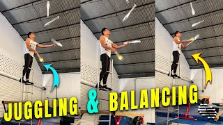 Guy Juggling 4 Clubs While Balancing on a Ladder