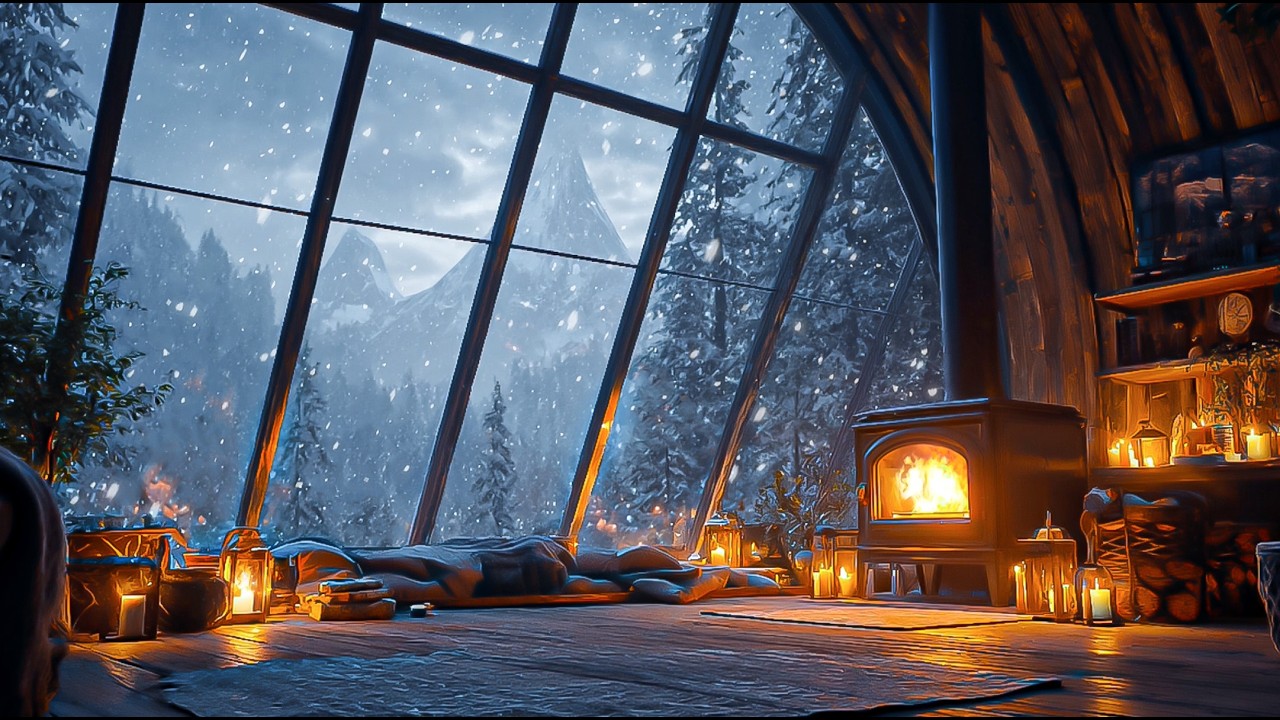 Warm Fireplace, Wooden Cabin & Slow Piano | Study and Calm Atmosphere