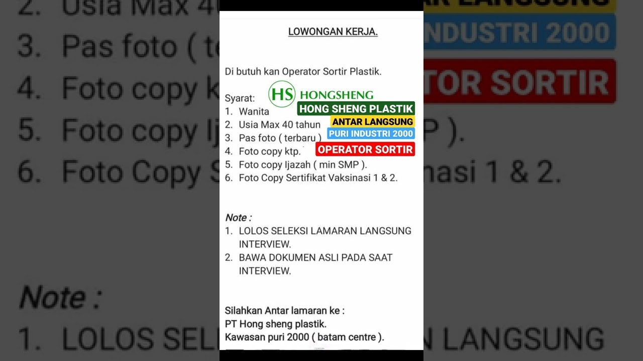 Loker Operator PT Hong Sheng Plastic Industry Batam Hong Sheng Plastik Batam hari ini