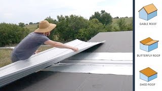 In this video we show you step by step how we constructed our tiny house butterfly roof. Everything we did from sheathing, felt 