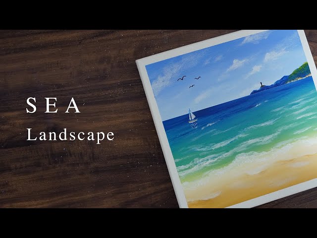 アクリル画　海と花が見える窓　　　浜ダイコンの花が咲く浜辺 アクリル絵の具で青空と海の描き方 ｜How to draw a seascape