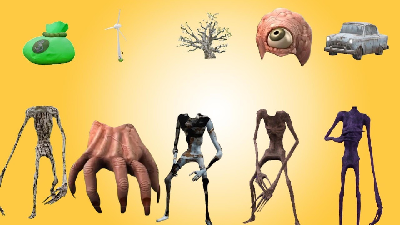 WRONG HEADS, SIREN HEAD CAR, BRAIN EYE, TREE, SIREN HEAD WINDMILL HEAD, MONEY