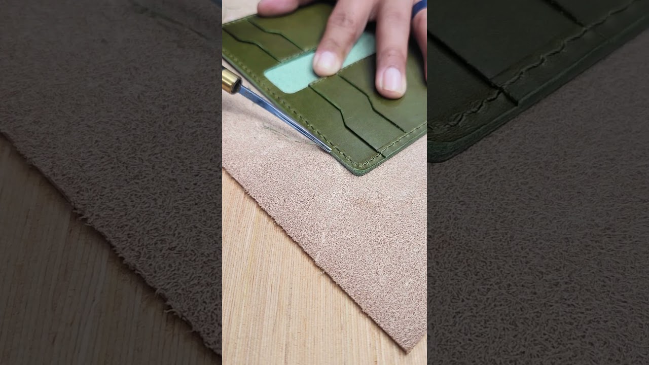 Edge beveling on a leather wallet. 