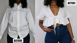 DIY V-Neck Ruffle Hem Top | Men’s Shirt Refashion