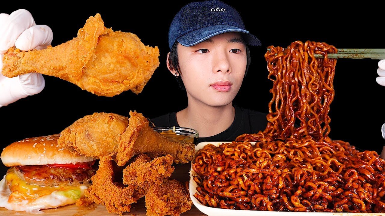 ASMR BLACK BEAN NOODLES + FRIED CHICKEN 🍗 + BURGER 🍔  (Eating Sound) | MAR ASMR
