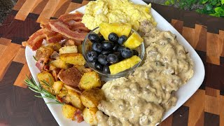 The BEST Sausage Gravy & Biscuits, Breakfast Potatoes, Scrambled Eggs, and Bacon You Will EVER Eat!