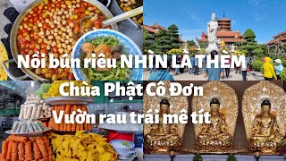 Sài Gòn mùng 5 Tết: Nồi bún riêu chay NHÌN LÀ THÈM ở chùa Phật Cô Đơn, Rất đông vui, Vườn cây trái