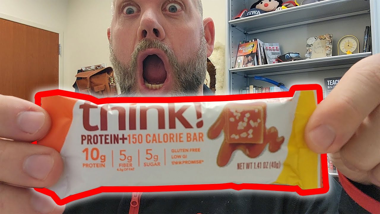 taste testing the Think protein bar (salted caramel)