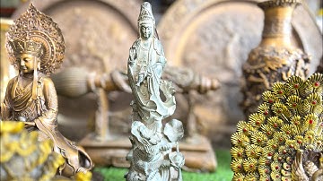 Tượng đồng cũ Quan Âm đứng rồng, Địa Tạng bồ tát và đồ đồng phong thuỷ tài lộc