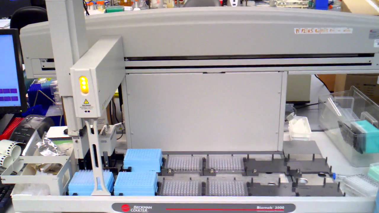 Liquid handling robot at work cherry picking and pooling oligos for