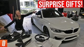 HER F80 M3 PROJECT BEGINS! (CARBON FIBER COLD AIR INTAKE, STEERING WHEEL SPLITTERS + MORE!)