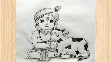 How to draw Krishna with Cow | Krishnadrawing | Easy drawing step by step |pencil Sketch