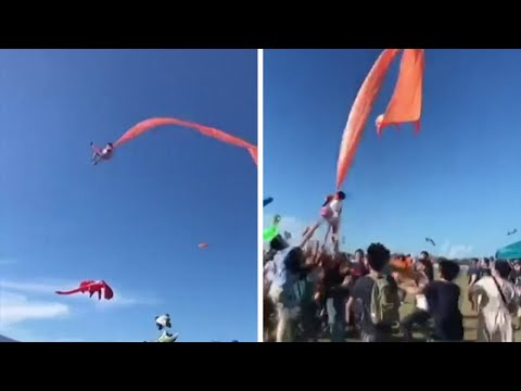 Three-year-old survives being swept into the air by kite at Taiwan festival