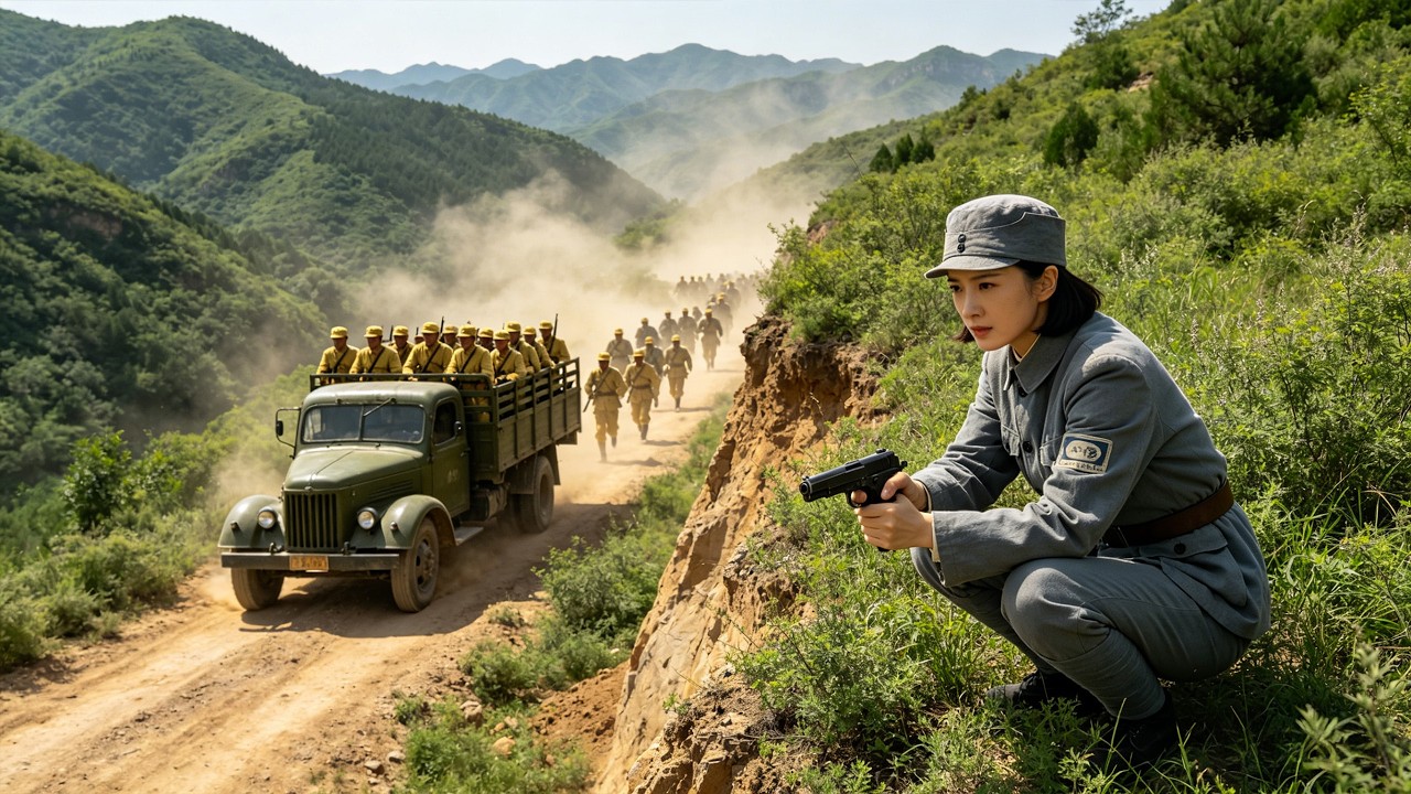 Japanese raid the mountain, unaware a female soldier has spotted them and wipes them all out!