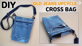 DIY Old jeans Recycle into Crossbody Bag/ Upcycle craft/ Old jeans bag ideas/ sewing tutorial