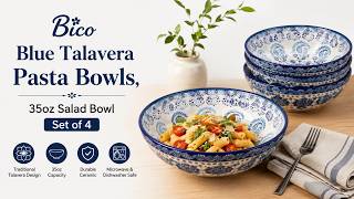 Bico Blue Talavera Pasta Bowls, 35oz Salad Bowl Set of 4 | Large Ceramic Serving Dinner Bowls