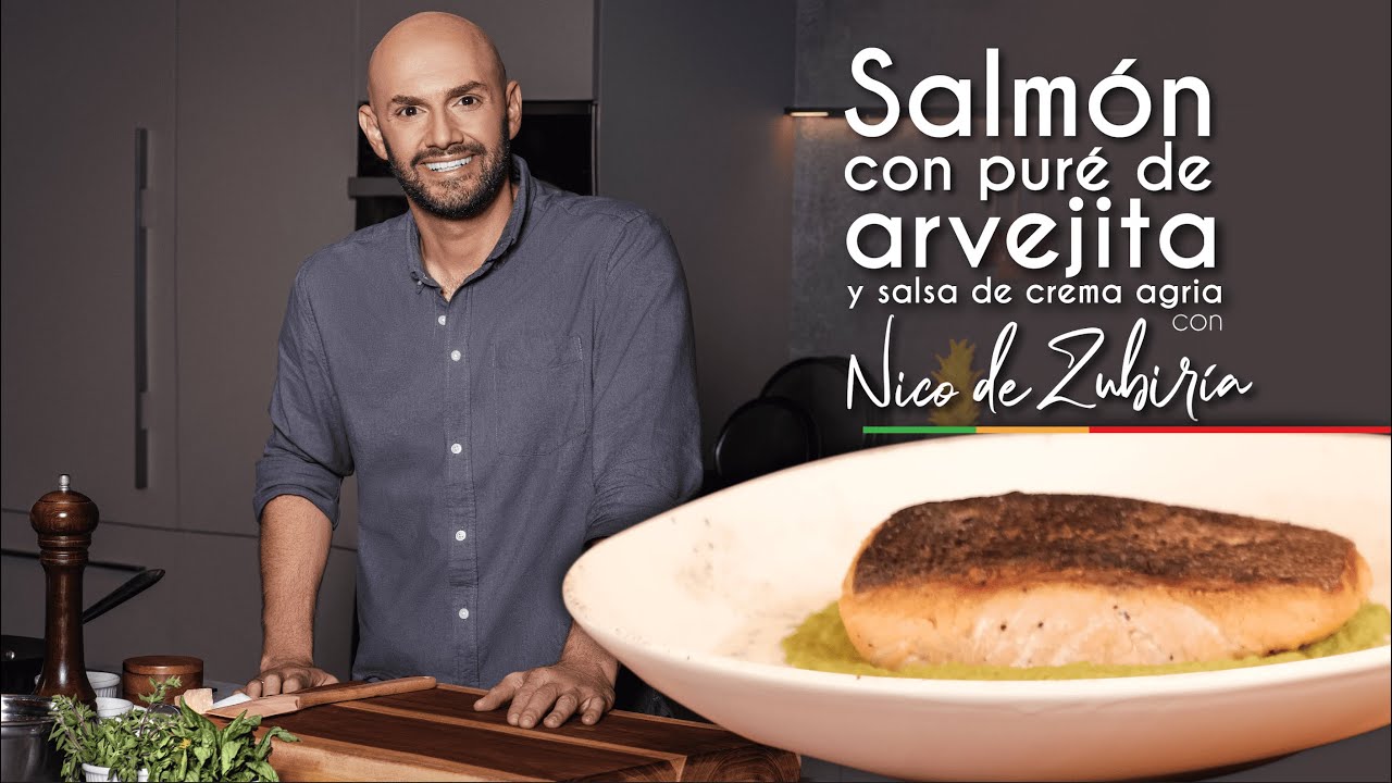 Salmón con puré de arvejitas y salsa de crema agria