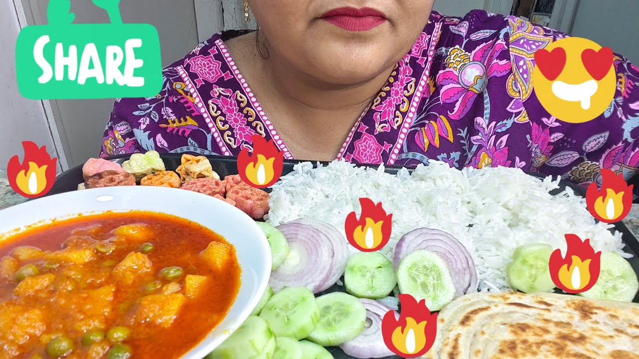 ASMR: EATING AALOO MUTTOR KI SABJI,RICE, LACHHA PARATHA, SALAD, PAPAD🔥#asmr#mukbang#food#asmreating 