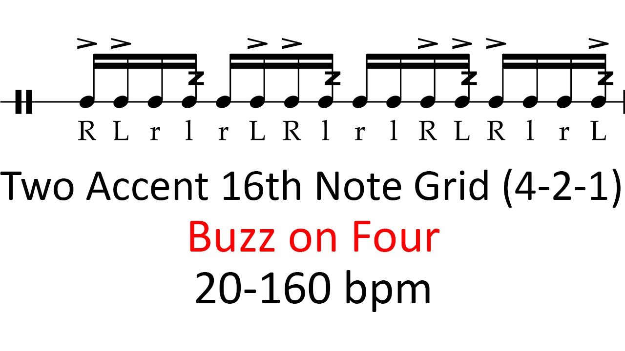 Buzz on four (2 accents) | 20-160 bpm 16th note grid sheet music - YouTube