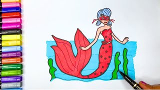 Miraculous Ladybug Mermaid Drawing and Coloring for Kids | Easy Drawing Tutorial | Mermaid Drawing