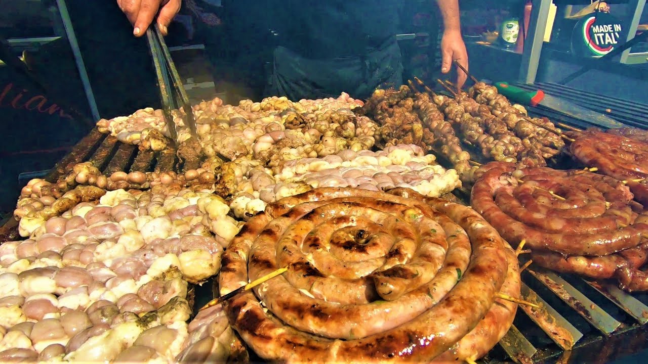 Street Food of Sicily, Italy. Sausages, Burgers, 'Meusa', 'Stigghiola'. Gusti di Frontiera, Gorizia