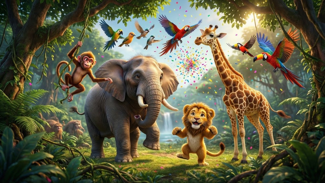 All animals together in a  cartoon jungle clearing, elephant, monkey, giraffe, birds, lion cub 