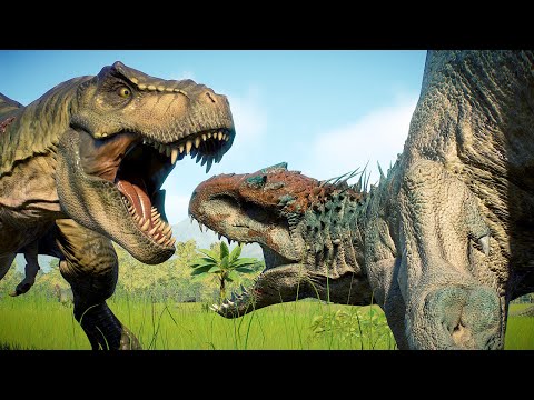 100 x INDOMINUS REX vs 100 x TYRANNOSAURUS REX DINOSAUR BATTLE - Jurassic World Evolution 2