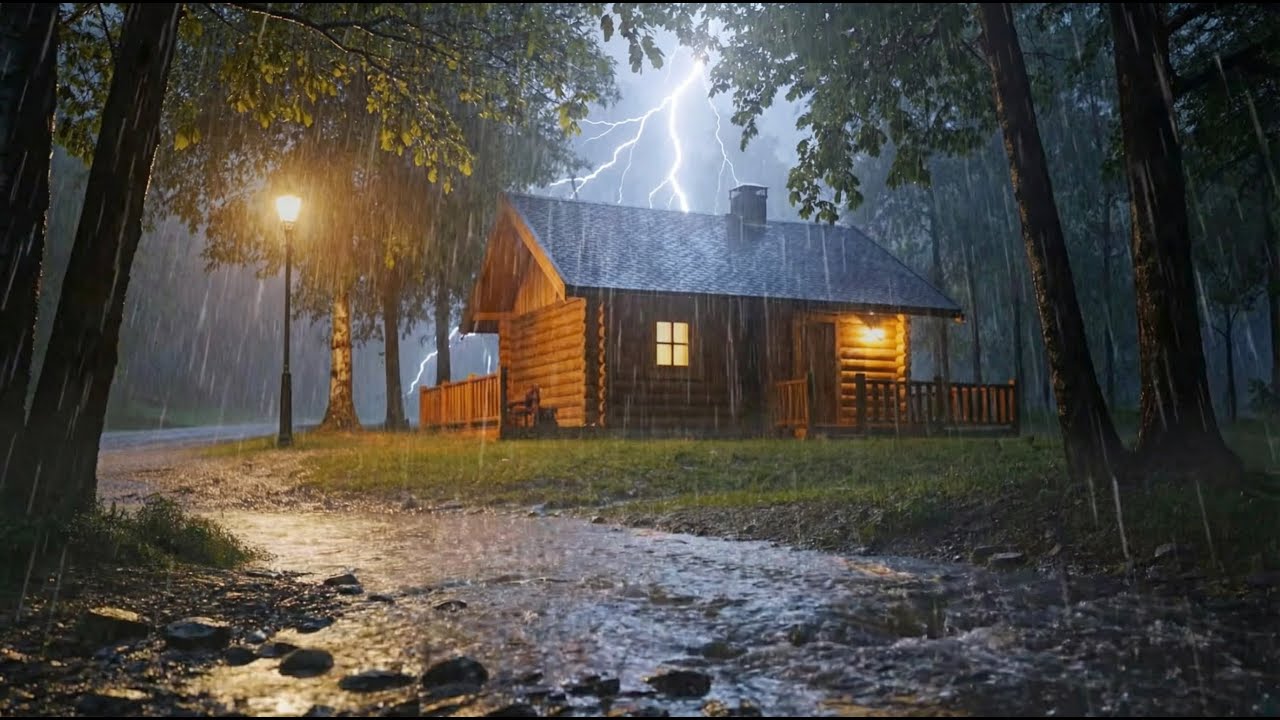Night Thunderstorm in a Cozy Cabin | Heavy Rain, Lightning & Sleep Ambience