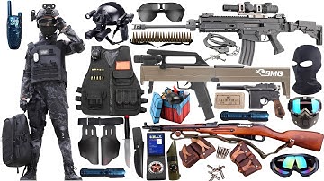 Special police weapon toy set unboxing,SCAR assault rifle,sniper rifle,submachine gun,tactical helme