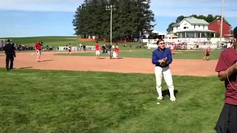 Bob Costas plays catch with Dwier's Father's mitt